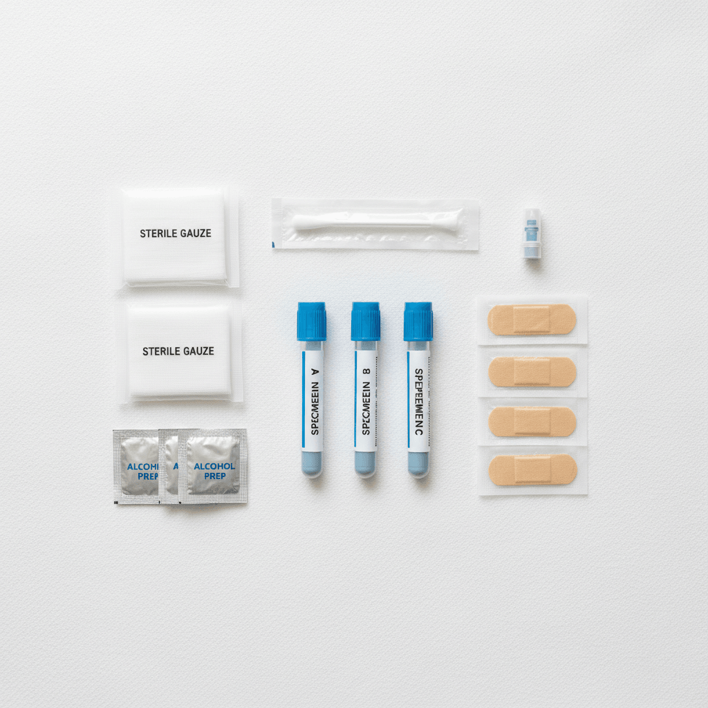 Organized overhead view of sterile medical collection kit with tubes, gauze, alcohol prep pads, and collection supplies Organized overhead view of sterile medical collection kit with tubes, gauze, alcohol prep pads, and collection supplies